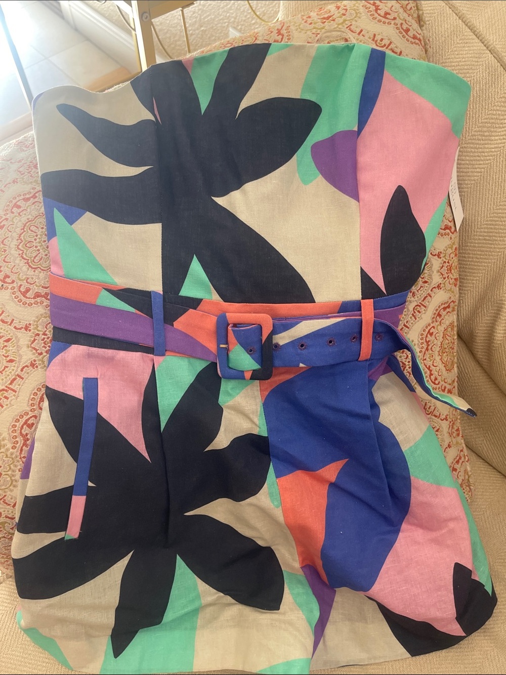 Ramy Brook Strapless Abstract Floral Belted Romper in Black, Pink & Blue